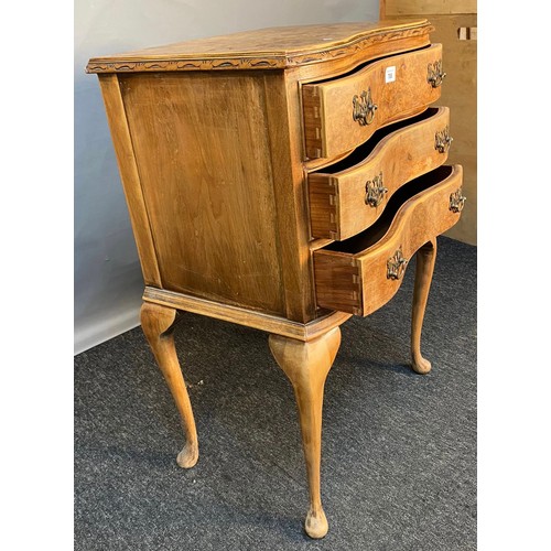 788 - 20th century burr walnut three drawer side chest. [78x52x37cm]