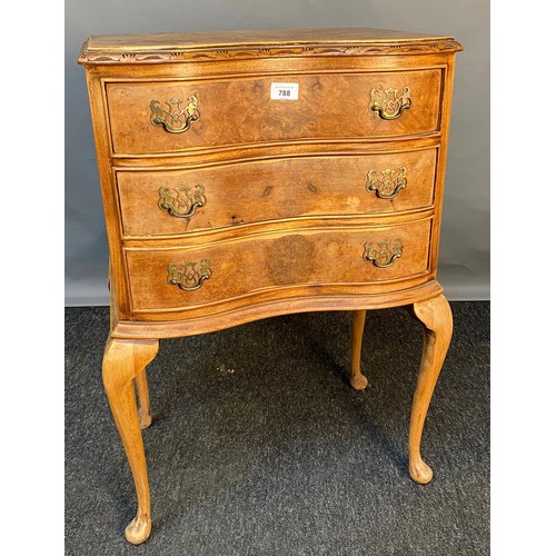 788 - 20th century burr walnut three drawer side chest. [78x52x37cm]