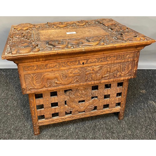 782 - Antique late 19th century Chinese hand carved traveling Scribe folding stool/ end table. [39x50x37cm... 