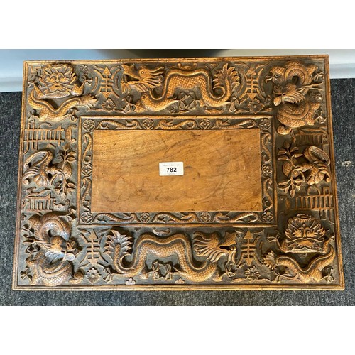 782 - Antique late 19th century Chinese hand carved traveling Scribe folding stool/ end table. [39x50x37cm... 