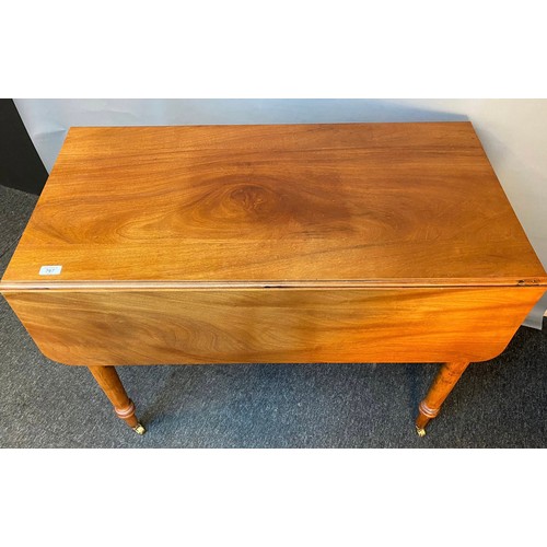 767 - 19th century mahogany drop end sofa table, the rectangular top raised on turned legs ending in brass... 