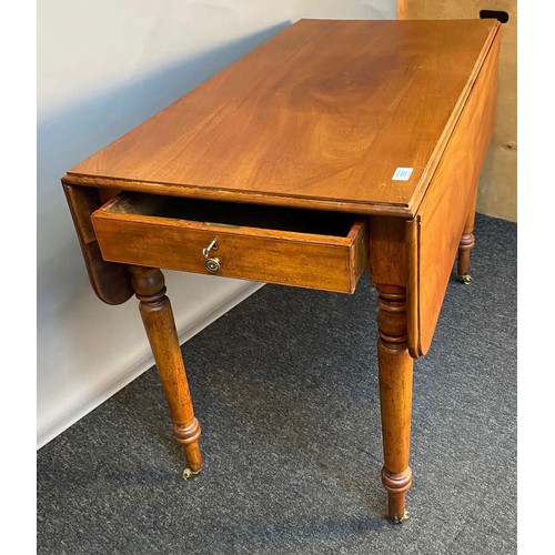 767 - 19th century mahogany drop end sofa table, the rectangular top raised on turned legs ending in brass... 