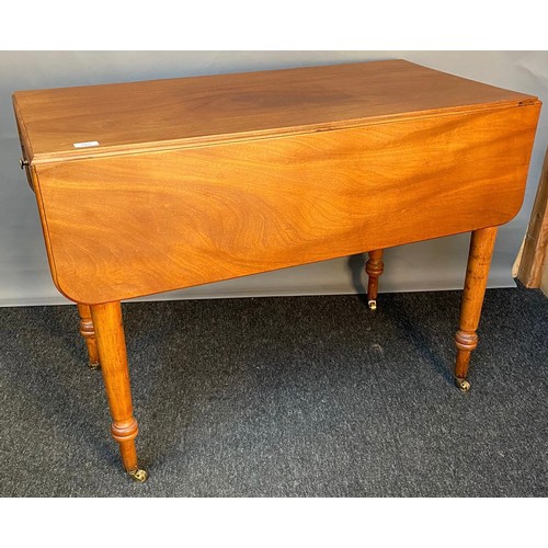 767 - 19th century mahogany drop end sofa table, the rectangular top raised on turned legs ending in brass... 