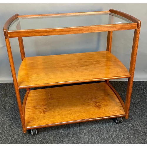 761 - Mid century G-Plan style three tier trolley table with glass top. [79x82x49cm]