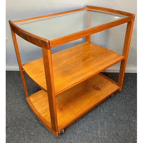 761 - Mid century G-Plan style three tier trolley table with glass top. [79x82x49cm]