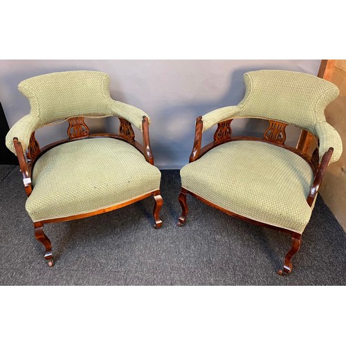 755 - Pair of Victorian tub chairs, the shaped back with pierced splats above open arm supports and cushio... 