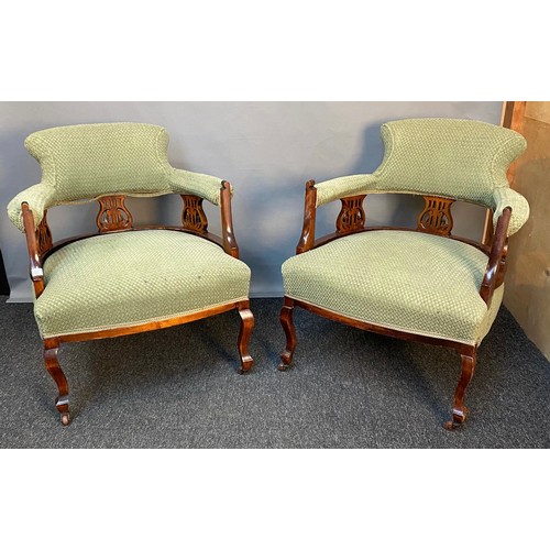 755 - Pair of Victorian tub chairs, the shaped back with pierced splats above open arm supports and cushio... 