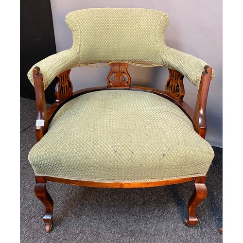 755 - Pair of Victorian tub chairs, the shaped back with pierced splats above open arm supports and cushio... 