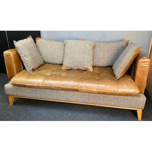 754 - Harris Tweed gamekeepers & Cerato aniline leather Portland 3 seat settee. [79x173x94cm]