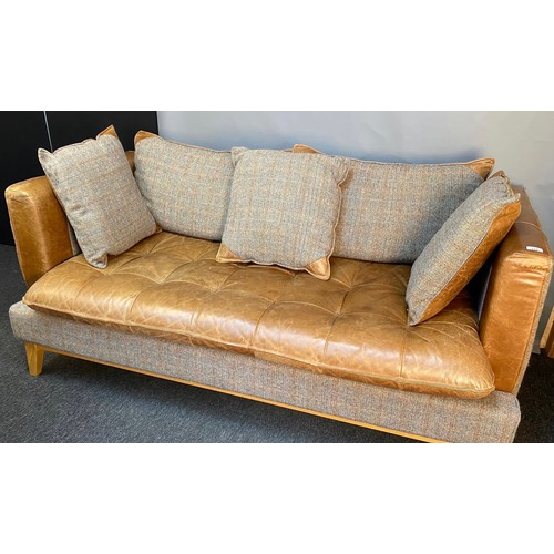 754 - Harris Tweed gamekeepers & Cerato aniline leather Portland 3 seat settee. [79x173x94cm]