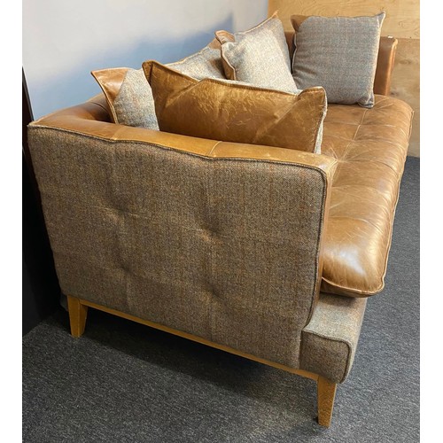 754 - Harris Tweed gamekeepers & Cerato aniline leather Portland 3 seat settee. [79x173x94cm]