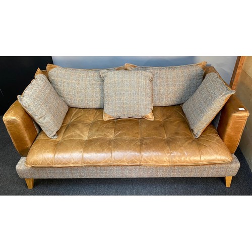 754 - Harris Tweed gamekeepers & Cerato aniline leather Portland 3 seat settee. [79x173x94cm]