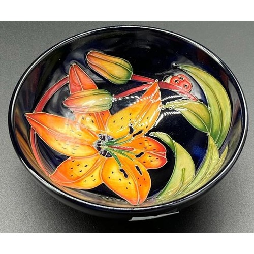 554 - Small Limited edition Moorcroft bowl. Designed with lilies and lady bird, against a cobalt blue grou... 