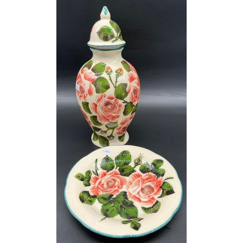 561 - Griselda Hill Pottery [Wemyss Ware] lidded preserve pot/ vase in Cabbage Rose design. Together with ... 