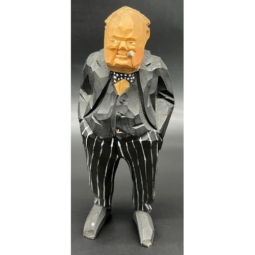 563 - Vintage hand carved and painted Sir Winston Churchill figure. [Signed to base of foot] [18cm high]