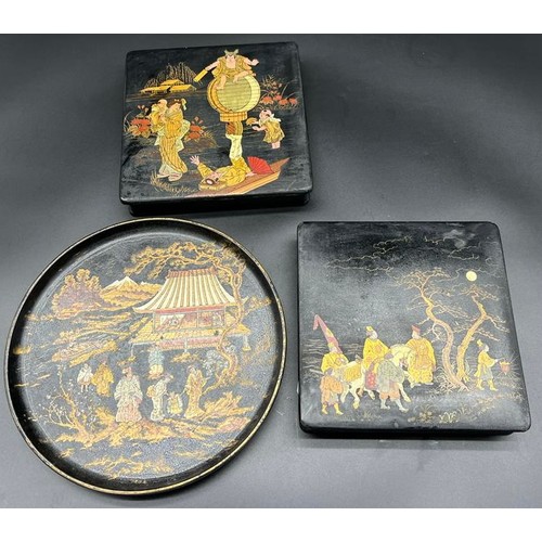 564 - A Lot of three antique/ vintage Japanese lacquered and hand painted items. Two boxes and plate.