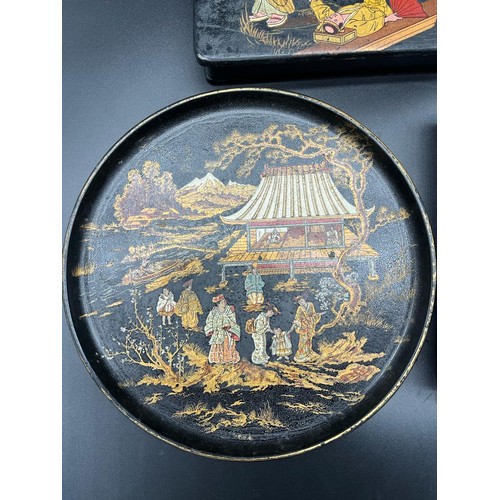 564 - A Lot of three antique/ vintage Japanese lacquered and hand painted items. Two boxes and plate.