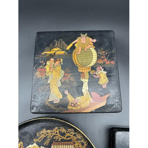 564 - A Lot of three antique/ vintage Japanese lacquered and hand painted items. Two boxes and plate.