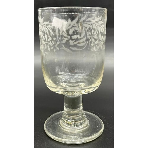 571 - Georgian rummer glass, etched/ engraved at a later date with 'Auld Lancsyne' [14cm high]