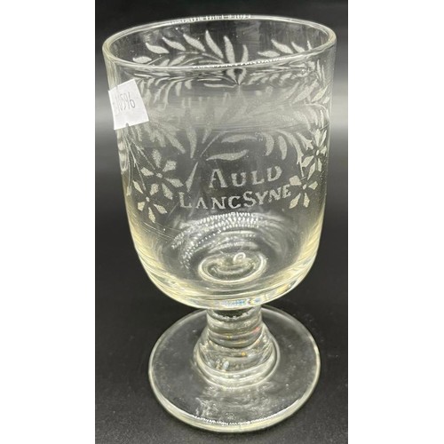 571 - Georgian rummer glass, etched/ engraved at a later date with 'Auld Lancsyne' [14cm high]