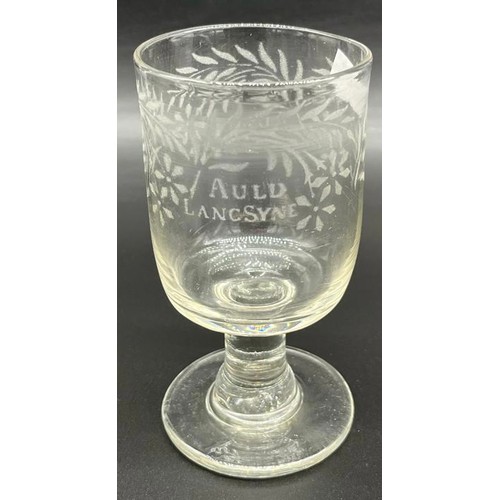 571 - Georgian rummer glass, etched/ engraved at a later date with 'Auld Lancsyne' [14cm high]