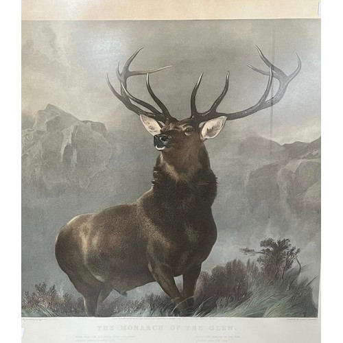 653 - Large 19th century coloured engraving of a stag titled 'Monarch of the Glen' Engraved by Thomas Land... 