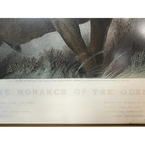 653 - Large 19th century coloured engraving of a stag titled 'Monarch of the Glen' Engraved by Thomas Land... 