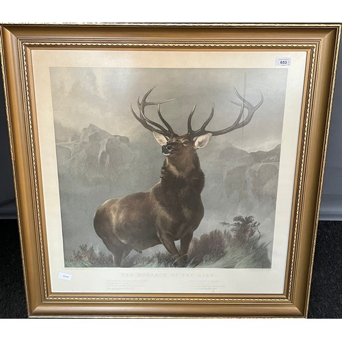 653 - Large 19th century coloured engraving of a stag titled 'Monarch of the Glen' Engraved by Thomas Land... 