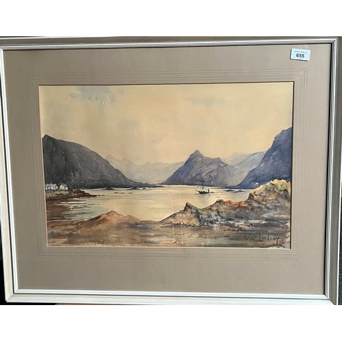 655 - M Lindsay 
Original watercolour depicting loch and mountain scene. Signed to bottom right hand corne... 