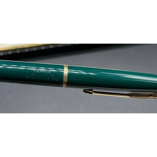 6 - Three Vintage Parker Fountain pens and revolving pencil. Includes fountain pen with 14ct yellow gold... 