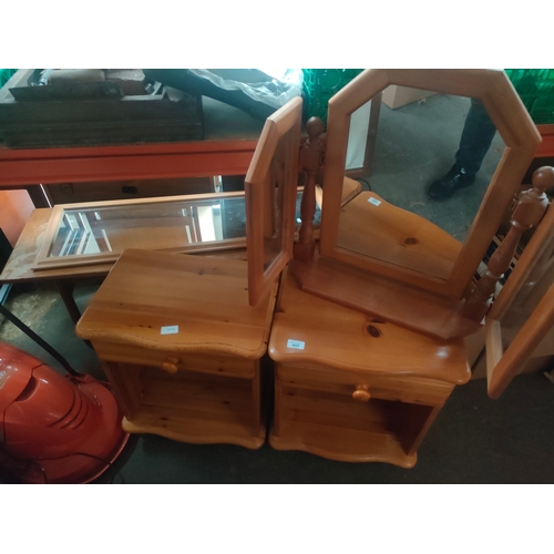 445 - 2 pine bed side cabinets , 2 pine mirrors together with mid century table