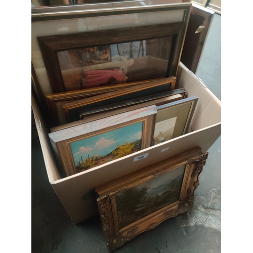 456 - Box of art works includes oil paintings etc