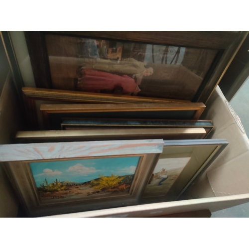 456 - Box of art works includes oil paintings etc