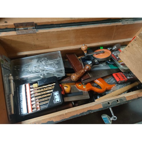 440 - Vintage Joiners tool box full of drill heads, measuring tape, screws and many other tools