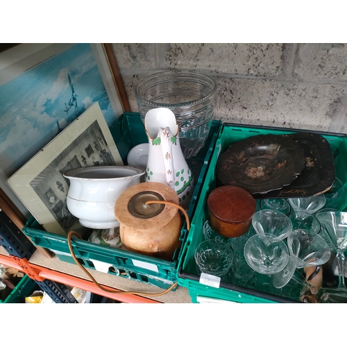 490L - 2 boxes of collectables together with picture, Two Victorian Papier Mache trays, Large Crystal centr... 