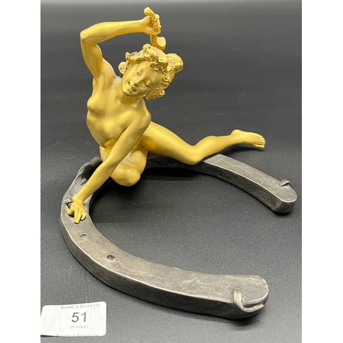 577 - Art Nouveau Nude lady gilt bronze on horseshoe hammering a nail, signed Recipon. The bronze is inscr... 