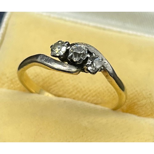 503 - Antique 18ct gold and three diamond ring. [3.30grams][Ring size P] [Marks rubbed- tested 18ct]