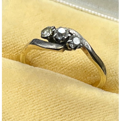 503 - Antique 18ct gold and three diamond ring. [3.30grams][Ring size P] [Marks rubbed- tested 18ct]