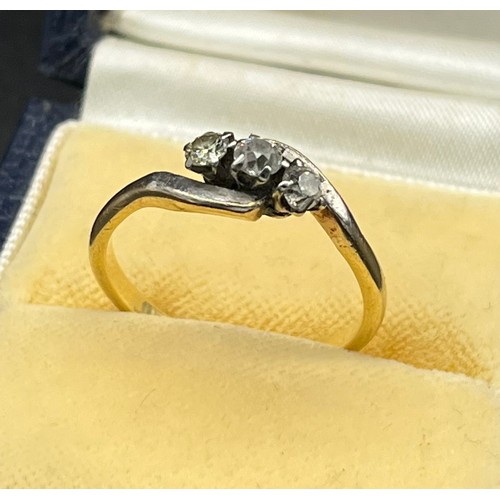 503 - Antique 18ct gold and three diamond ring. [3.30grams][Ring size P] [Marks rubbed- tested 18ct]