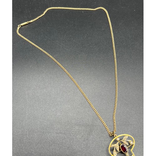 505 - Edwardian 9ct gold suffragette pendant and necklace, Pendant is set with seed pearls and Two Amethys... 