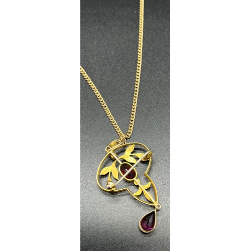 505 - Edwardian 9ct gold suffragette pendant and necklace, Pendant is set with seed pearls and Two Amethys... 