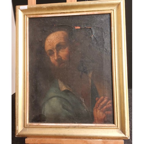 647 - 17th/18th Century oil on canvas depicting a man with his hands clasped together. Signed (unreadable)... 