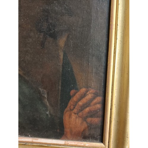 647 - 17th/18th Century oil on canvas depicting a man with his hands clasped together. Signed (unreadable)... 