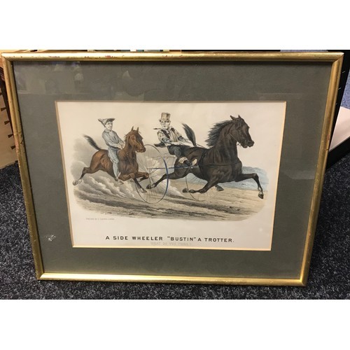 648 - A 19th century coloured print titled 'A Side Wheeler- Bustin a Trotter' after Thomas Worth[43x52cm]