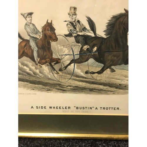 648 - A 19th century coloured print titled 'A Side Wheeler- Bustin a Trotter' after Thomas Worth[43x52cm]