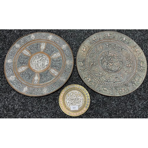 581 - A Lot of three 19th century middle east ornate plaques, silver, brass and copper designs. Showing va... 