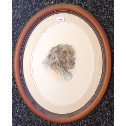 663 - Watercolour depicting a dog, Signed Tavener. [60x50cm]
Along with oil on milk glass also depicting a... 