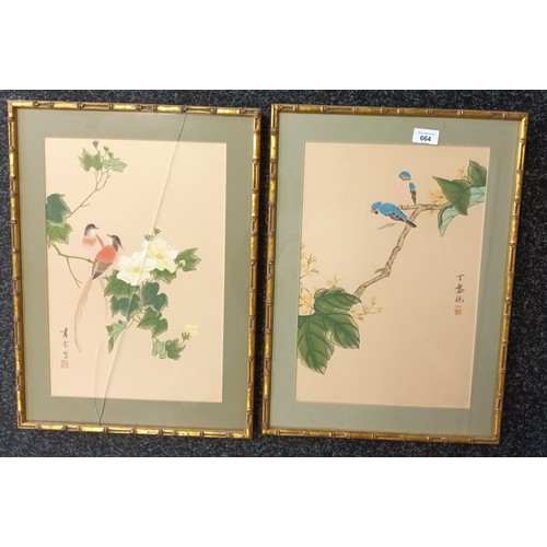 664 - Framed Chinese painting on silk depicting birds [53x39cm]