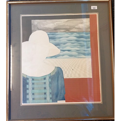 668 - Framed  abstract watercolour on paper, signed '77 [76x69cm]