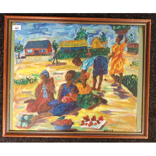 669 - Framed colourful oil depicting ladies in a village scene, Signed Dorisk [54x65cm]